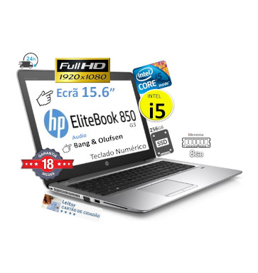Portátil HP  EliteBook 850 G3 | Intel i5 | Ram 8GB | Disco  SSD 256GB | Ecrã 15.6p FullHD