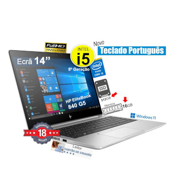 Portátil HP EliteBook 840 G5 | CPU i5-8350  | Mem 16GB-DDR4 | Disco SSD 512GB | Ecrã 14p FullHD 1920*1080 | Teclado novo em portuês