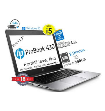 HP ProBook 430 G3 | CPU Intel  i5 | Mem 8GB | 2 x Discos SSD 120GB + 500GB | Ecrã 13.3p 