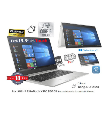 Portátil Híbrido HP EliteBook X360 830 G7 Recondicionado | CPU Intel  i5 10310U | Mem 16GB | SSD 256GB | Ecrã 13.3p IPS FHD Touch | Win 11 Pro