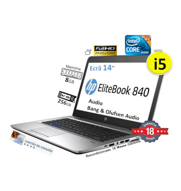 Portátil HP EliteBook 840 G3 Recondicionado | CPU INTEL I5 | Mem 8GB | Disco SSD 256GB | Ecrã 14p FHD |  Colunas Bang & Olufsen | Leitor cartão cidadão | Win 11 PRO