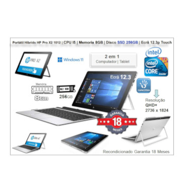 Portátil Híbrido 2 em 1 Elite HP X2 1012 G2  Recondicionado | CPU INTEL I5 | Mem 8GB | Disco SSD 256GB | Ecrã 12.3p Touch QHD+ |  Colunas Bang & Olufsen | Win 11 PRO
