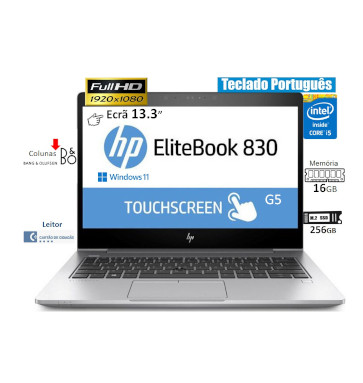 Portátil HP EliteBook 830 G5  Recondicionado | CPU INTEL I5 8350U | Mem16GB | Disco SSD 256GB | Ecrã 13.3p Touch FHD |  Colunas Bang & Olufsen | Teclado Português Reto-iluminado |Win 11 PRO